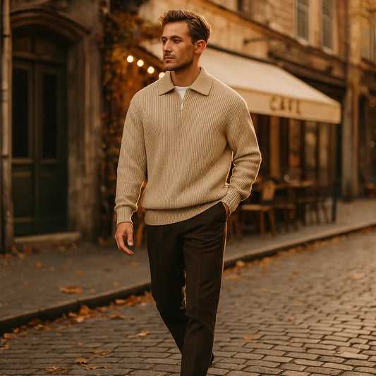 MEN'S RIBBED KNIT SWEATER HALF ZIP - Velmari