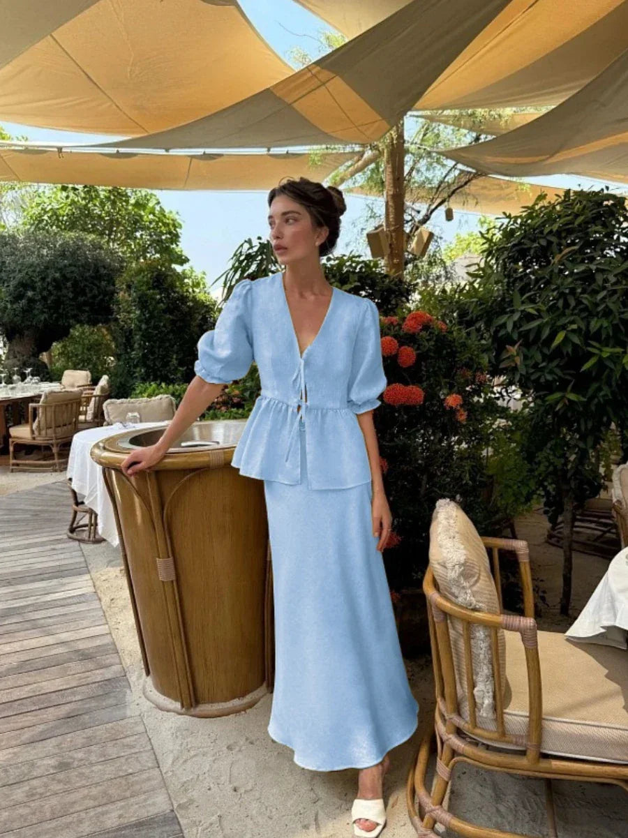 ISLA COTTON V-NECK SKIRT SET – SUMMER BREEZE - Velmari
