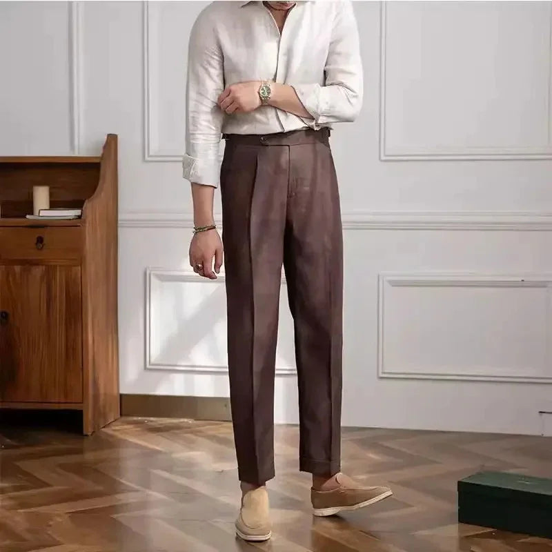 ITALIAN NAPLES MEN PANTS LINEN HIGH WAIST STRAIGHT OLDMONEY - Velmari