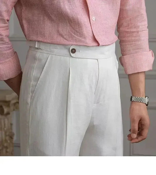 ITALIAN NAPLES MEN PANTS LINEN HIGH WAIST STRAIGHT OLDMONEY - Velmari