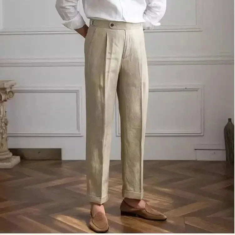 ITALIAN NAPLES MEN PANTS LINEN HIGH WAIST STRAIGHT OLDMONEY - Velmari
