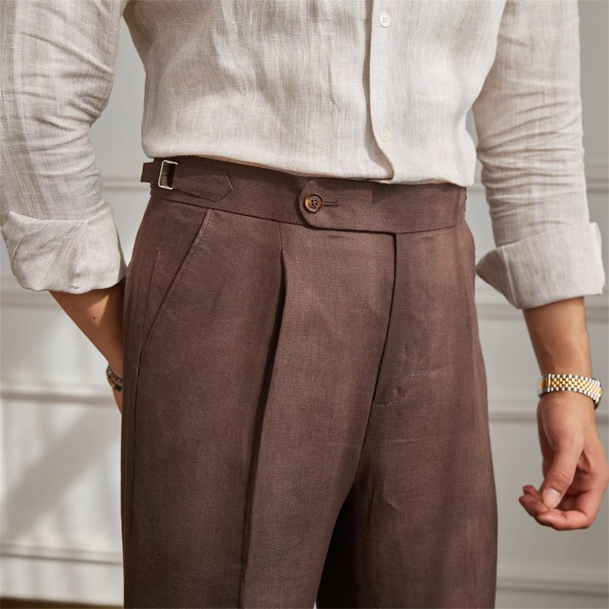 ITALIAN NAPLES MEN PANTS LINEN HIGH WAIST STRAIGHT OLDMONEY - Velmari
