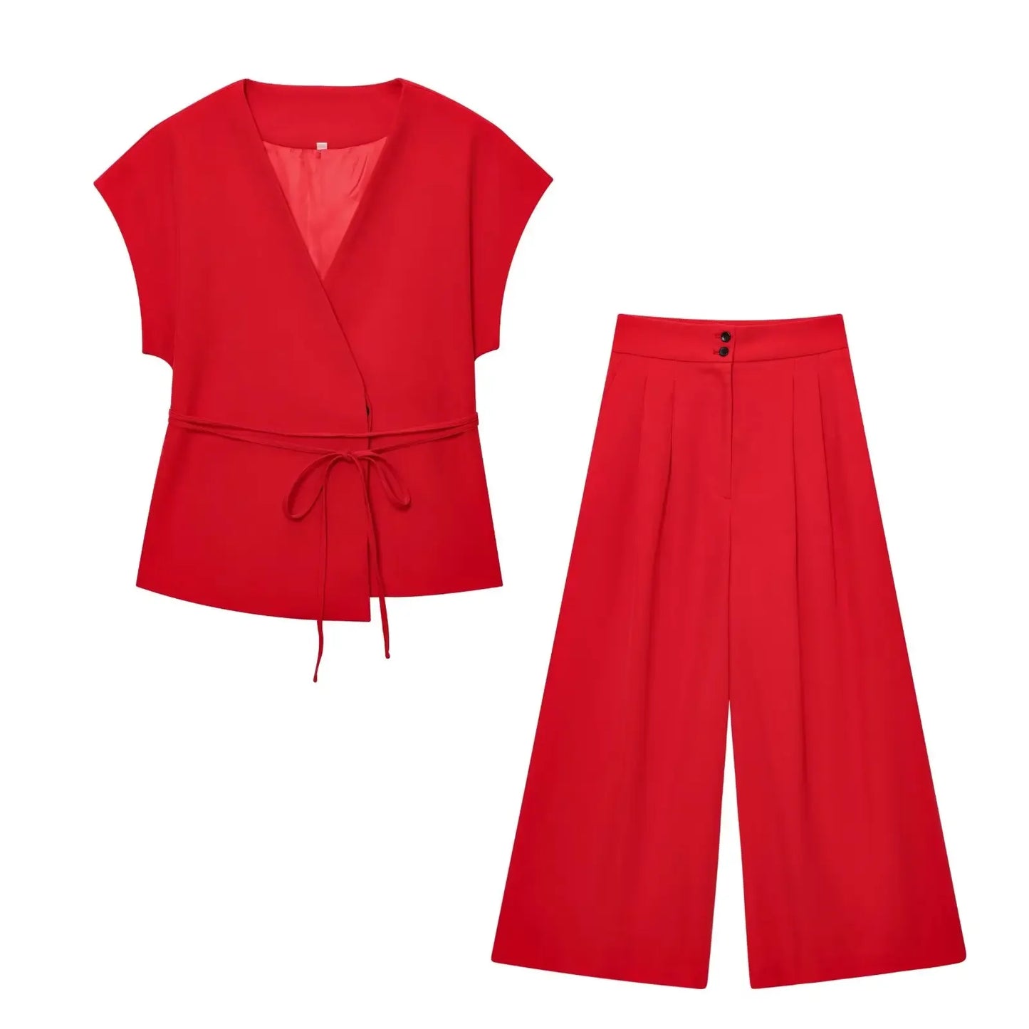 SIENNA 2-PIECE SET – SLEEVELESS BELTED BLAZER & WIDE-LEG PANTS - Velmari