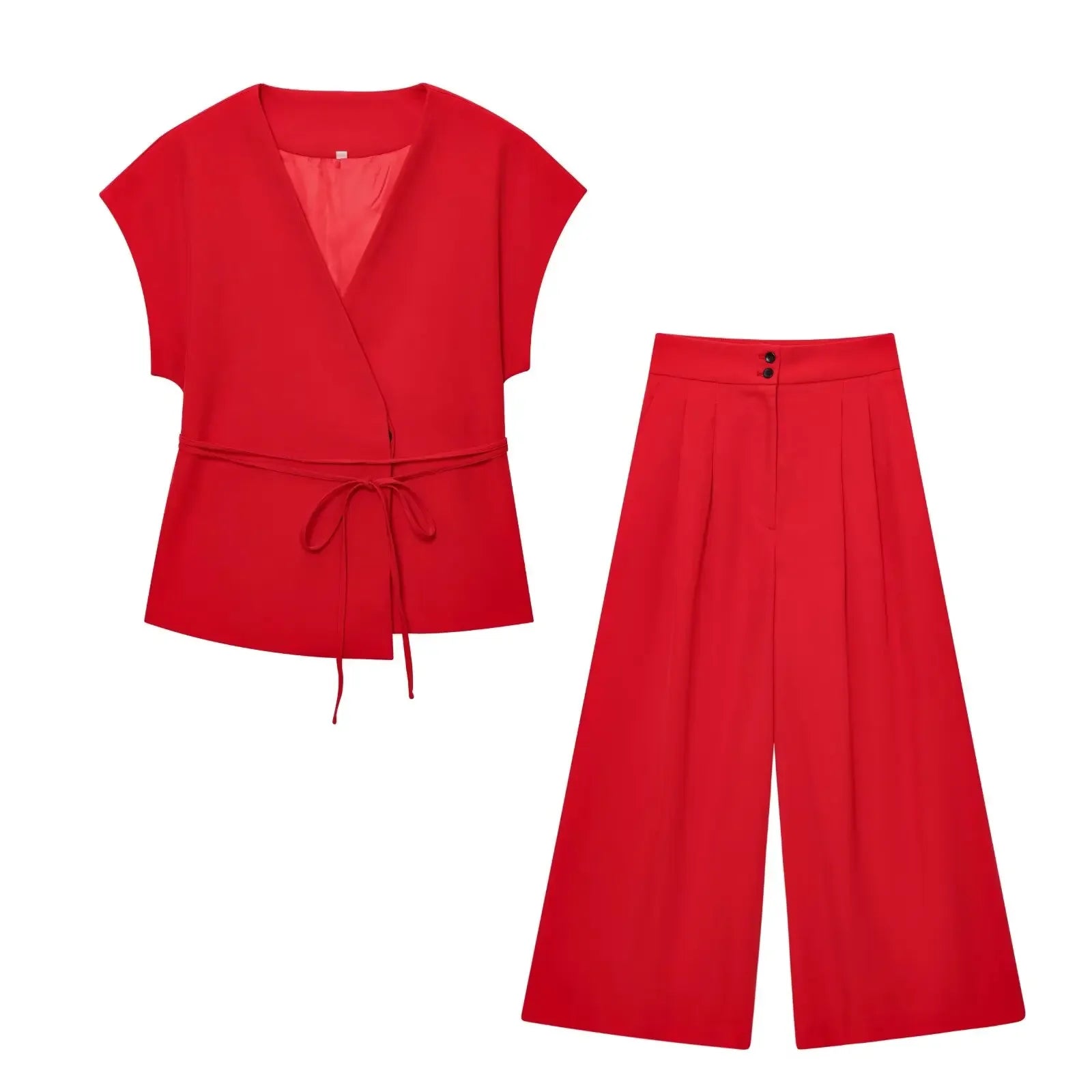 SIENNA 2-PIECE SET – SLEEVELESS BELTED BLAZER & WIDE-LEG PANTS - Velmari