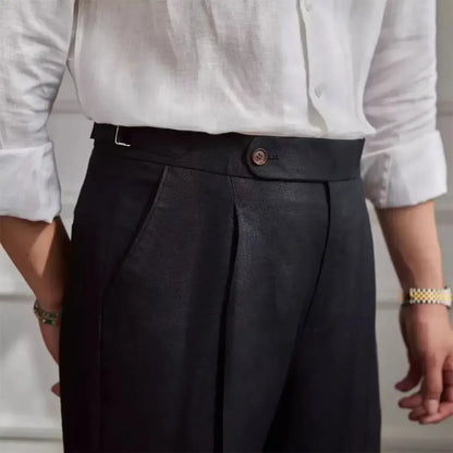 ITALIAN NAPLES MEN PANTS LINEN HIGH WAIST STRAIGHT OLDMONEY - Velmari