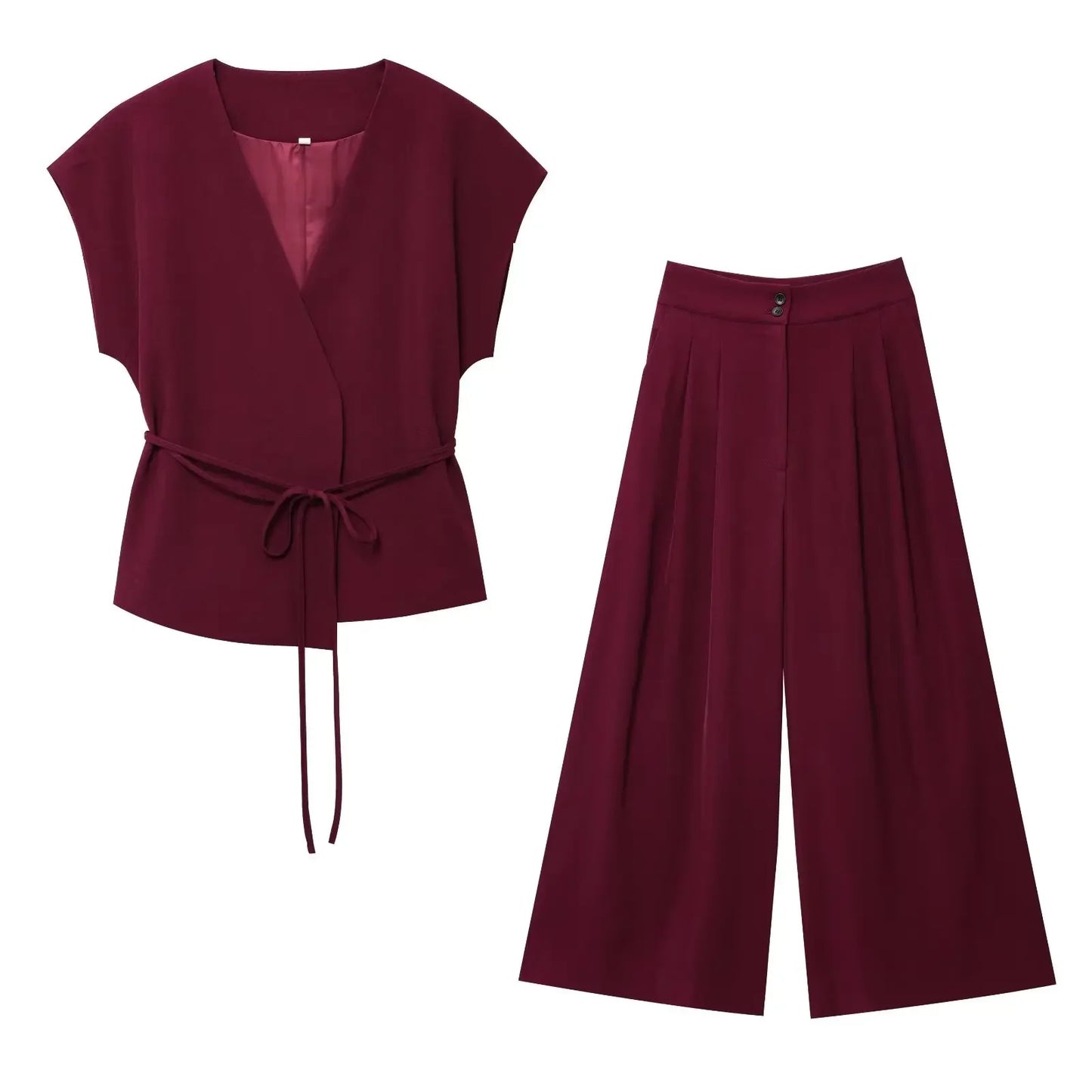 SIENNA 2-PIECE SET – SLEEVELESS BELTED BLAZER & WIDE-LEG PANTS - Velmari