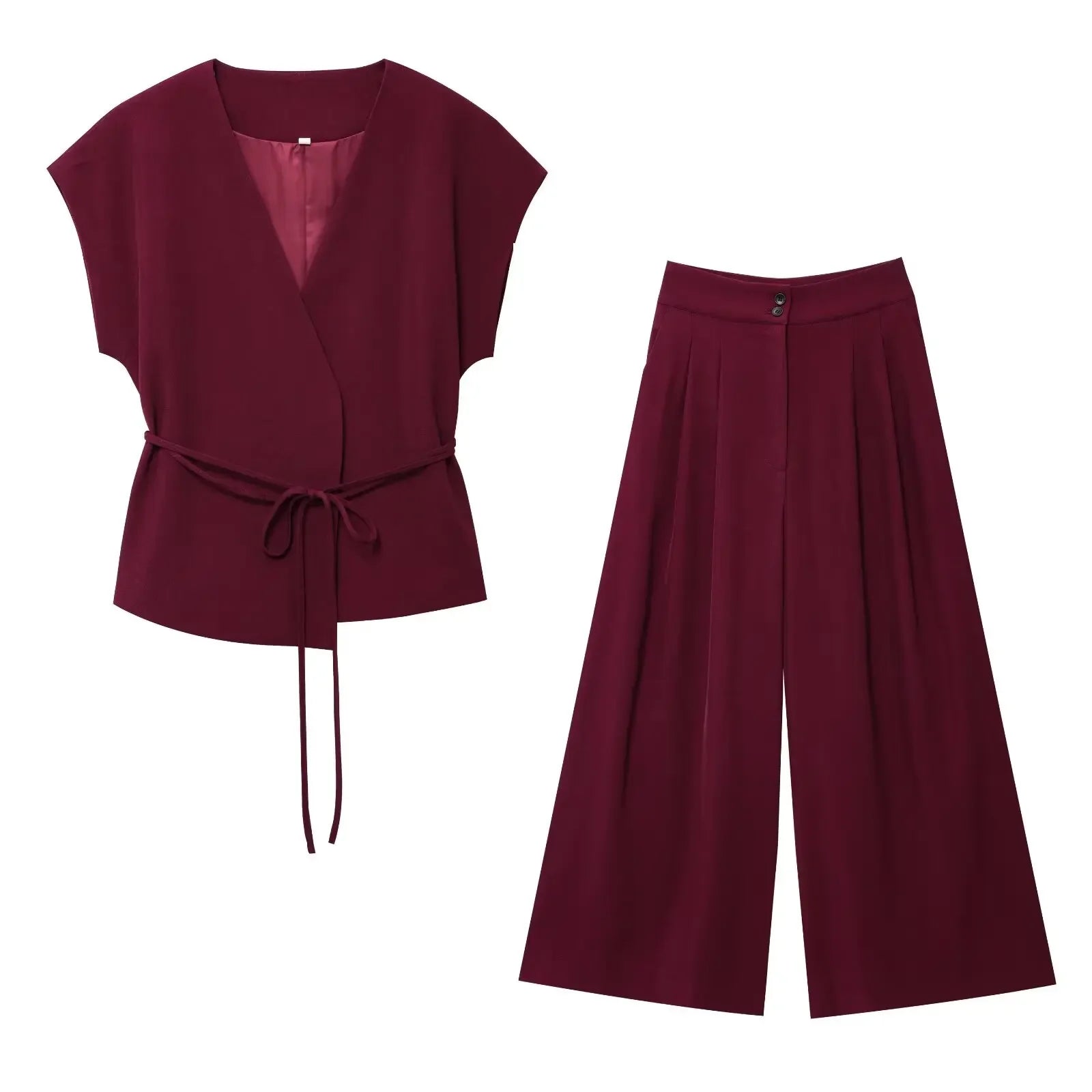 SIENNA 2-PIECE SET – SLEEVELESS BELTED BLAZER & WIDE-LEG PANTS - Velmari