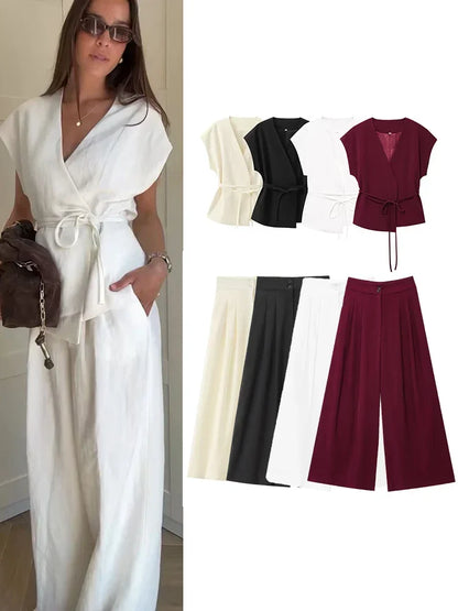 SIENNA 2-PIECE SET – SLEEVELESS BELTED BLAZER & WIDE-LEG PANTS - Velmari