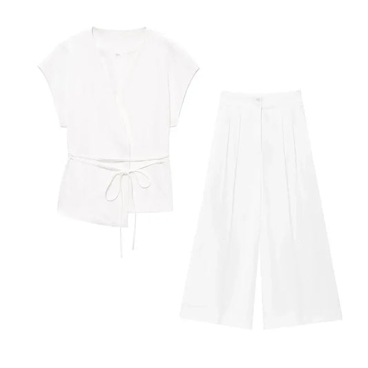 SIENNA 2-PIECE SET – SLEEVELESS BELTED BLAZER & WIDE-LEG PANTS - Velmari