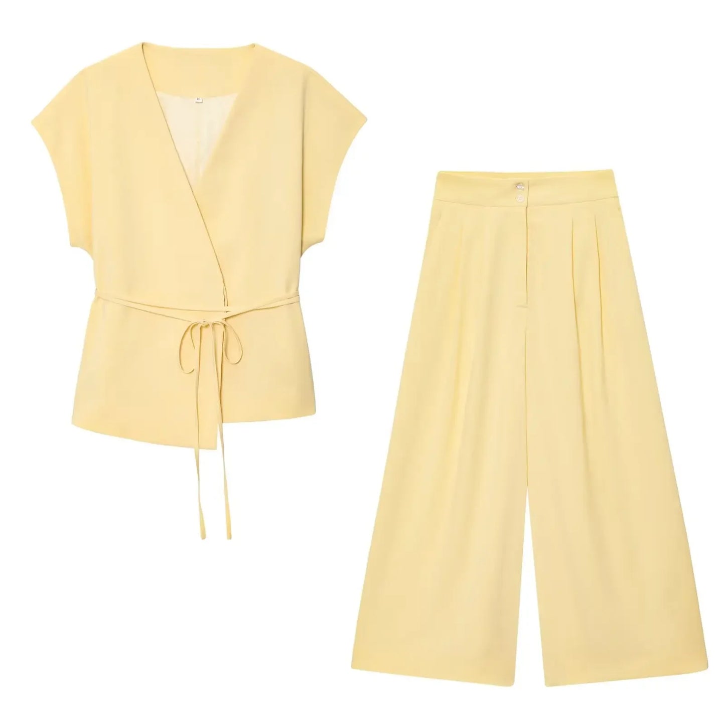 SIENNA 2-PIECE SET – SLEEVELESS BELTED BLAZER & WIDE-LEG PANTS - Velmari