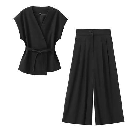 SIENNA 2-PIECE SET – SLEEVELESS BELTED BLAZER & WIDE-LEG PANTS - Velmari