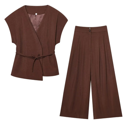 SIENNA 2-PIECE SET – SLEEVELESS BELTED BLAZER & WIDE-LEG PANTS - Velmari