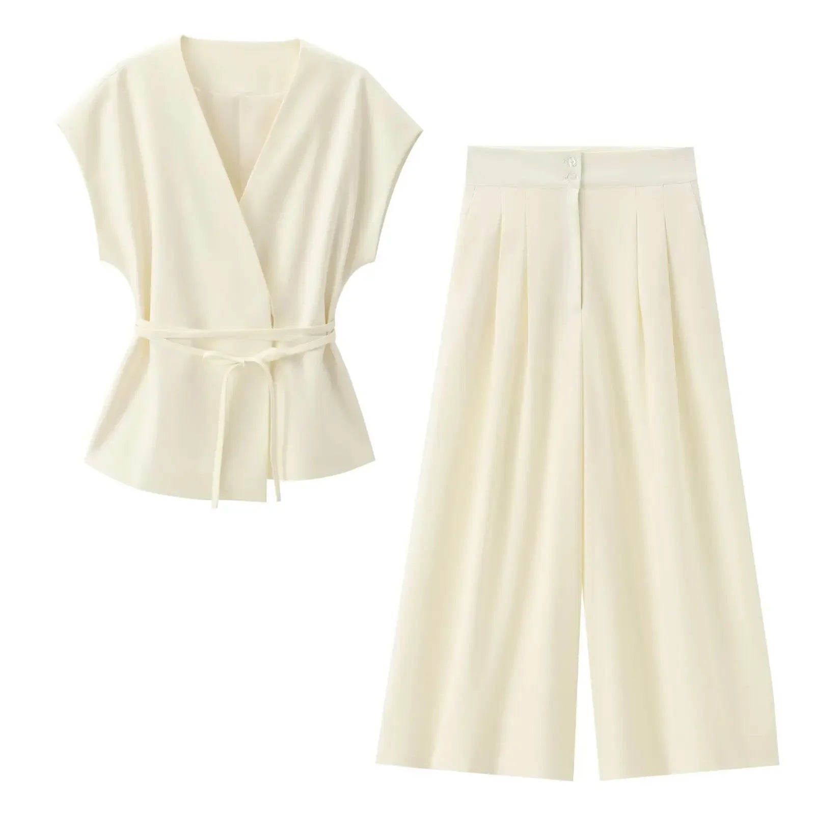 SIENNA 2-PIECE SET – SLEEVELESS BELTED BLAZER & WIDE-LEG PANTS - Velmari
