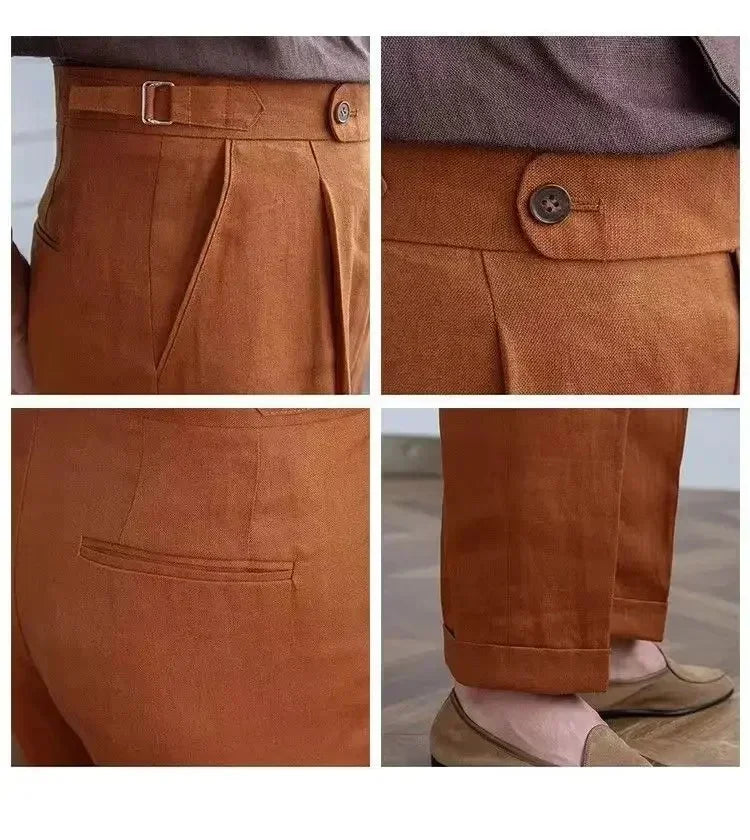 ITALIAN NAPLES MEN PANTS LINEN HIGH WAIST STRAIGHT OLDMONEY - Velmari