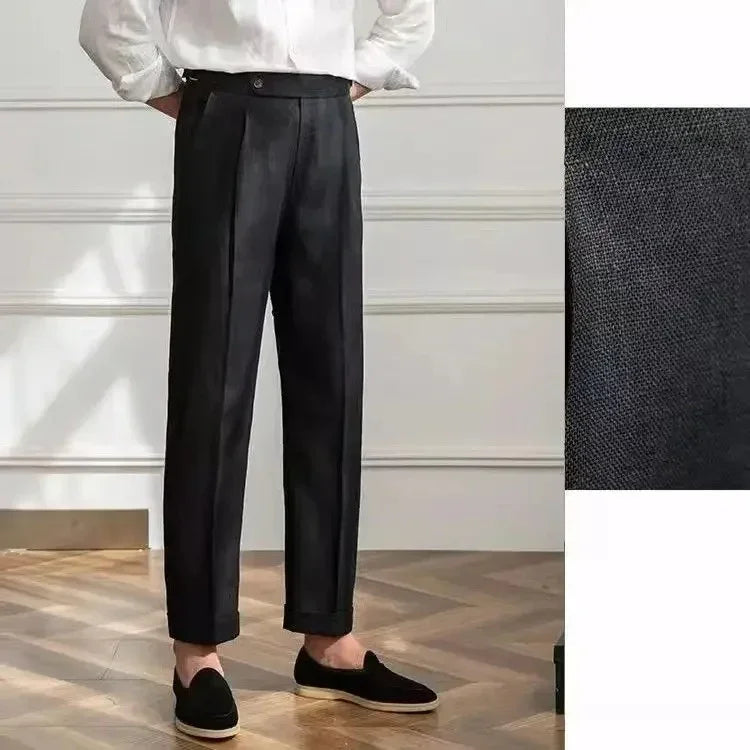 ITALIAN NAPLES MEN PANTS LINEN HIGH WAIST STRAIGHT OLDMONEY - Velmari