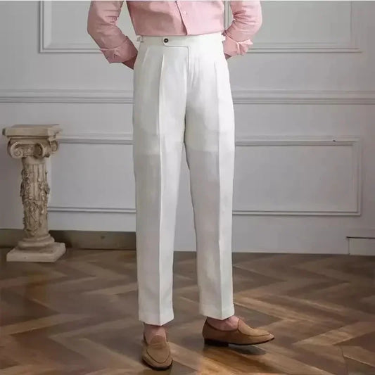 ITALIAN NAPLES MEN PANTS LINEN HIGH WAIST STRAIGHT OLDMONEY - Velmari
