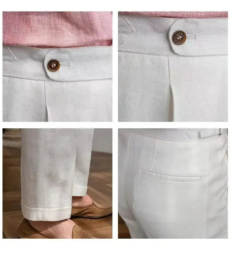 ITALIAN NAPLES MEN PANTS LINEN HIGH WAIST STRAIGHT OLDMONEY - Velmari