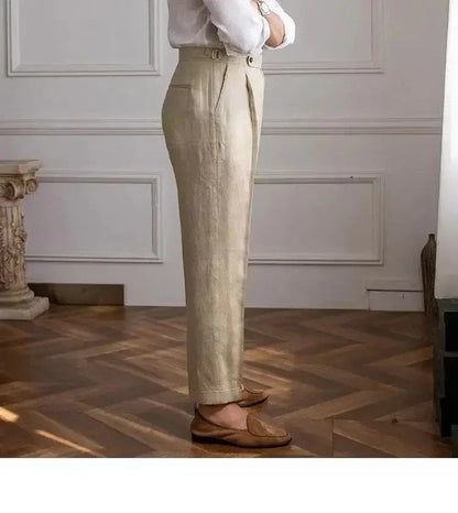 ITALIAN NAPLES MEN PANTS LINEN HIGH WAIST STRAIGHT OLDMONEY - Velmari