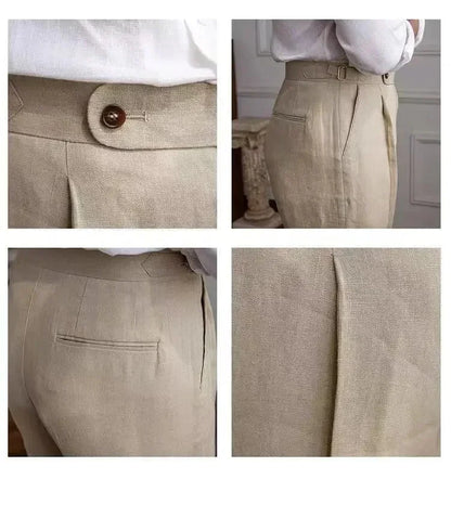 ITALIAN NAPLES MEN PANTS LINEN HIGH WAIST STRAIGHT OLDMONEY - Velmari