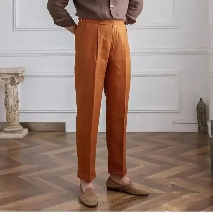 ITALIAN NAPLES MEN PANTS LINEN HIGH WAIST STRAIGHT OLDMONEY - Velmari